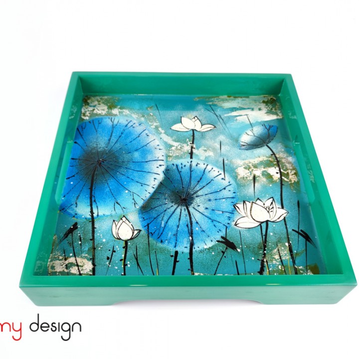 Square lacquer tray hand-painted with water lily 28 cm